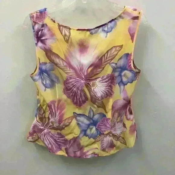Escada Floral Print Multicolor Yellow Women’s Medium 40 Sleeveless Silk Blouse - Picture 2 of 7